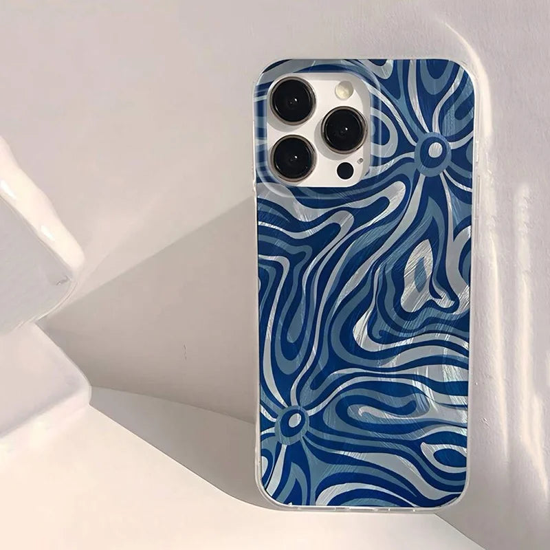Abstract Flower Geometry Patch Summer Blue Phone Case For iPhone 17 Pro Max 15 11 12 13 14 16 Pro Max X XS14 Plus 16E 17E Cover