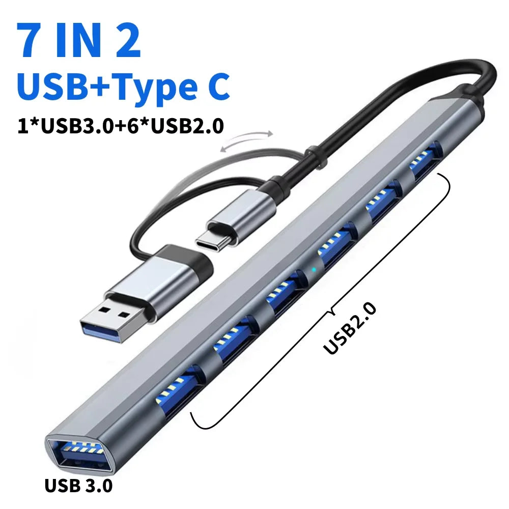 Hub USB Tipo C, 7 em 2 alta velocidade