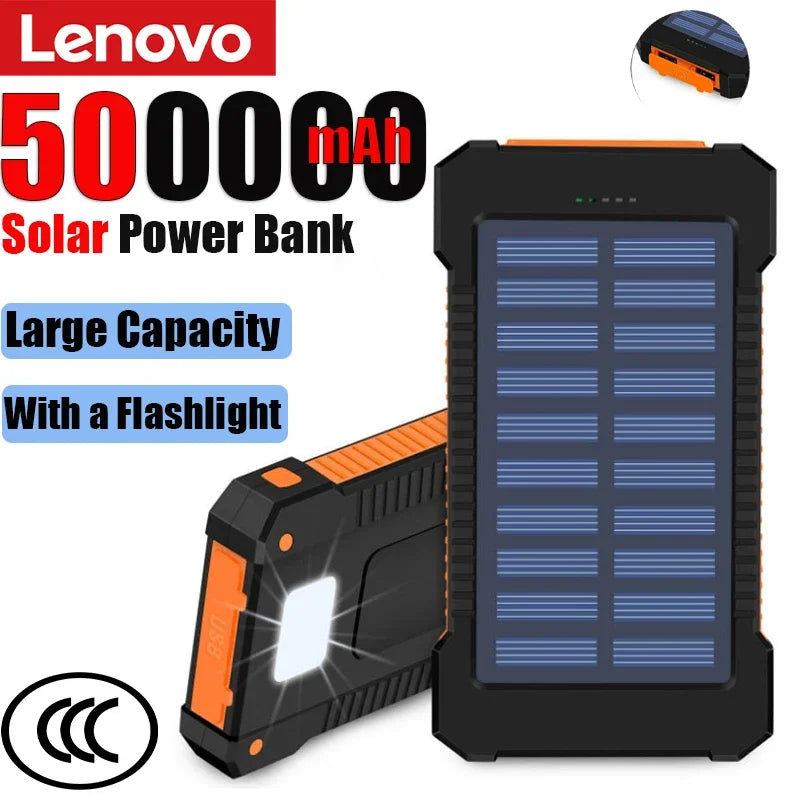 Lenovo 500000mAh Solar Power Bank Super Fast Charging Large Capacity Portable External Battery for iPhone Outdoor Emergency